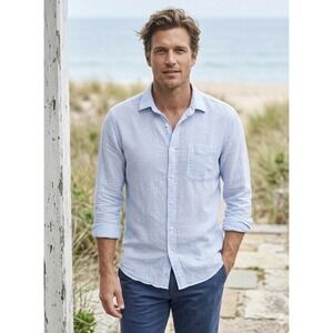 Faherty Men's Laguna Linen Blue/White Striped Button Down. Small. Retails $198